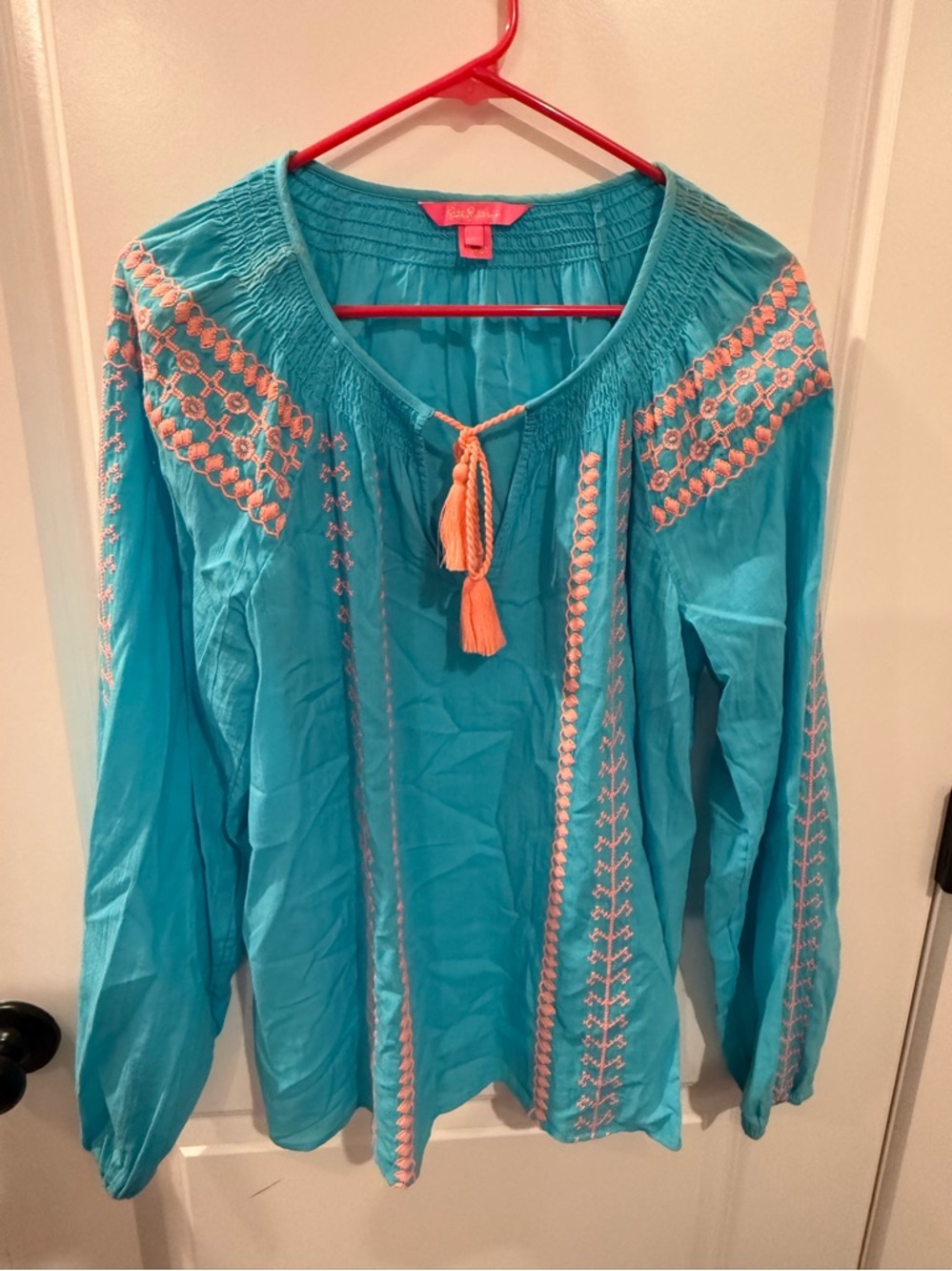 Lilly Pulitzer Turquoise Midi Dress with Coral Embroidery and Tassel